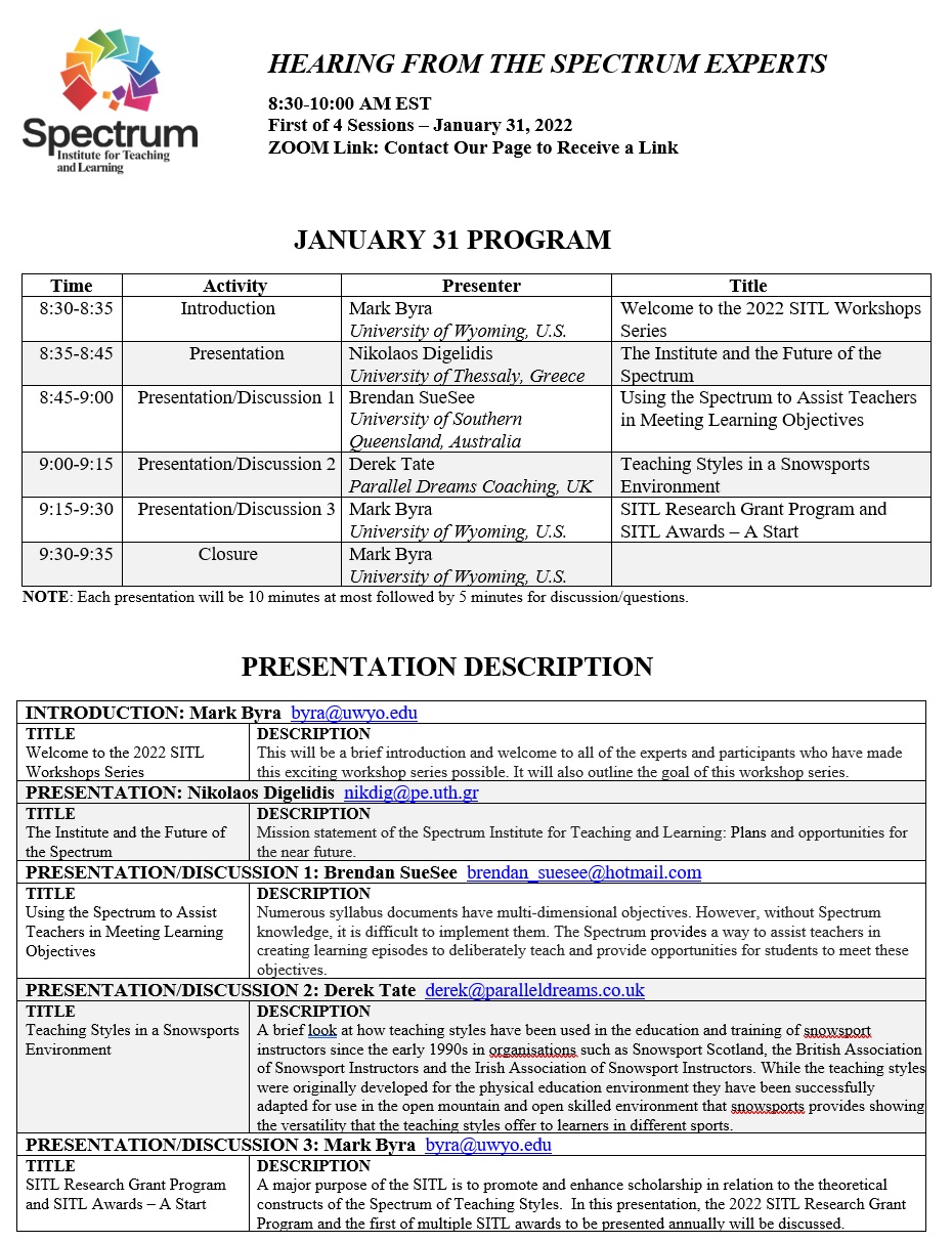 January 31st Workshop Program